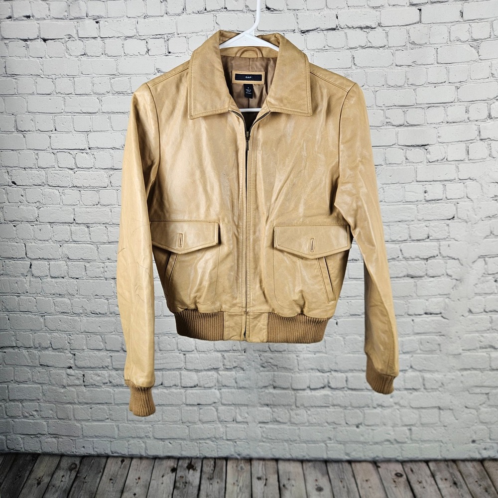 Gap Mens Tan Genuine Leather Bomber Jacket Vintage 2002 Small Full Zip Pocket